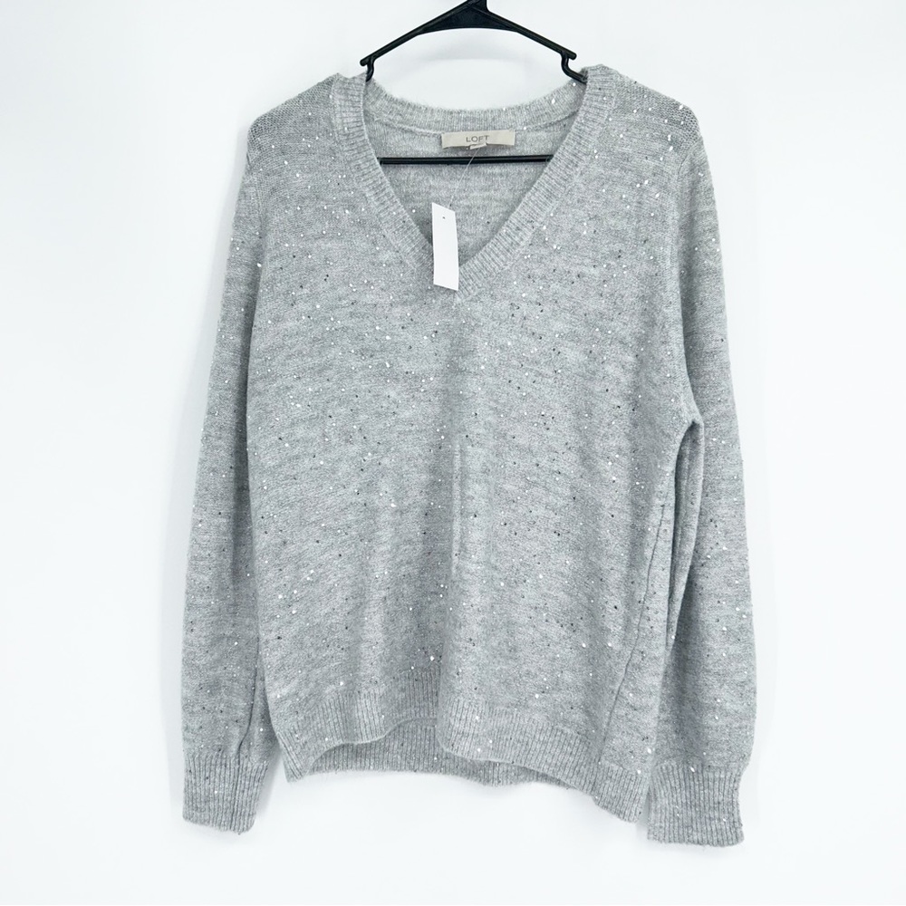 NWT Loft Silver Gray Metallic V-Neck Sequin Sweater